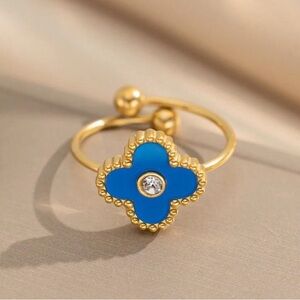 Stainless Steel Gold and Blue Floral Ring (Adjustable OZ)